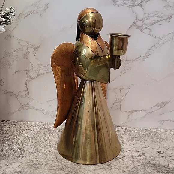 Vintage Brass and Copper Christmas Angel Candle Holder Made in Hong Kong - Picture 2 of 7